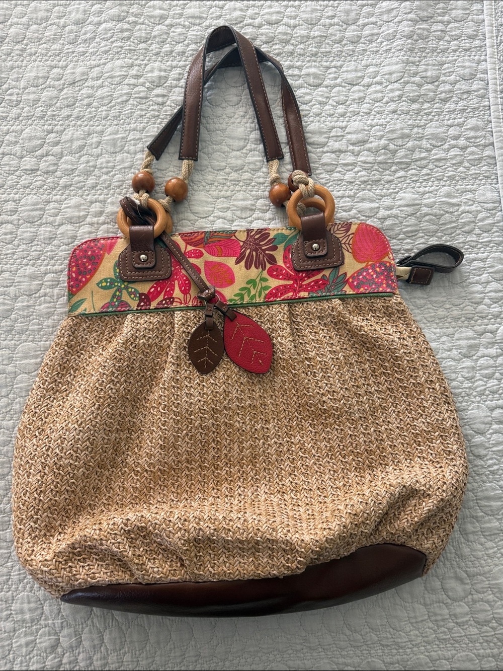Merona Natural Straw Tote with Floral Trim and Brown Leather Accents